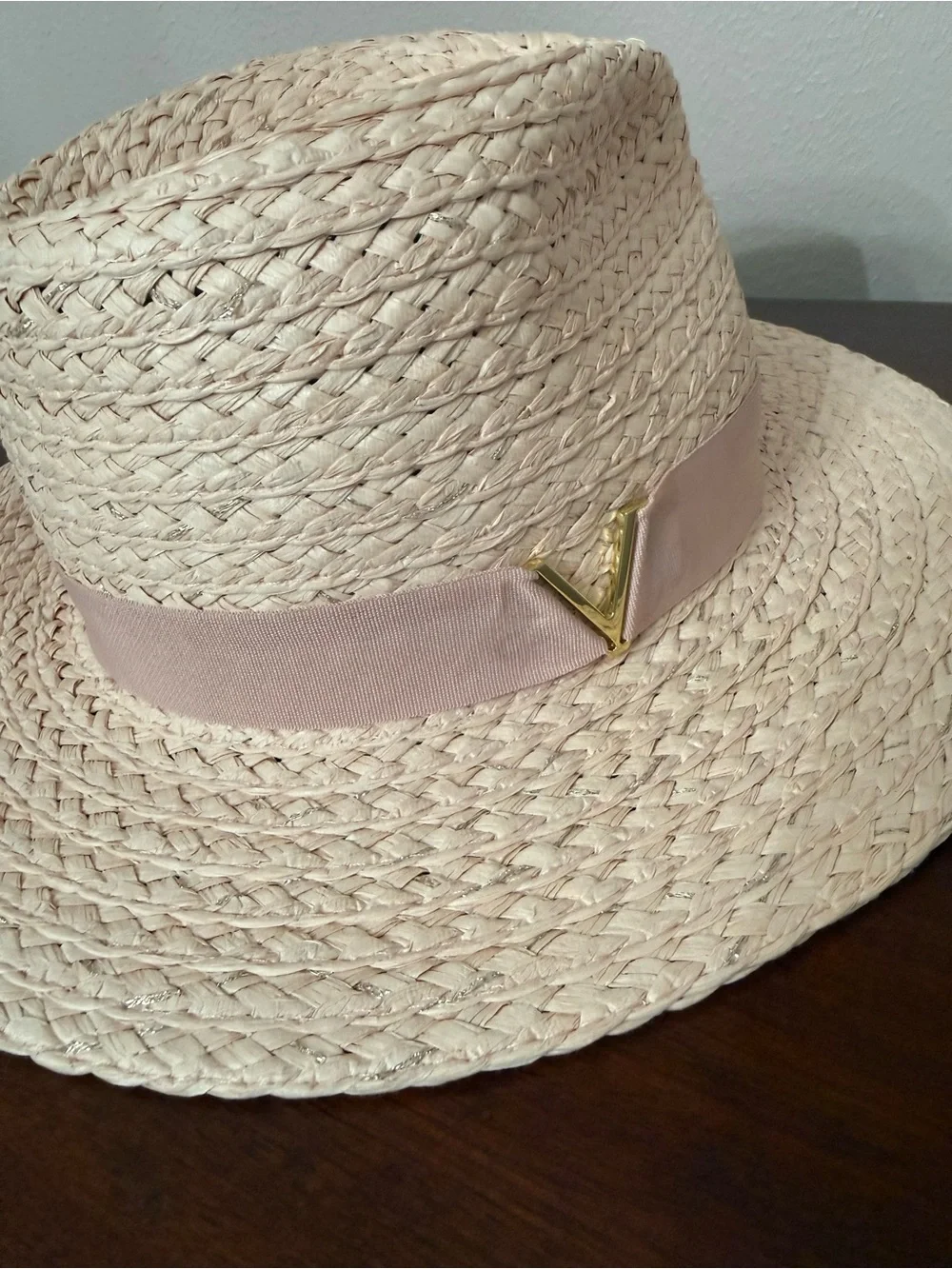 Light Pink and Metallic Straw Panama Hat with Pink Band and Gold V Accent